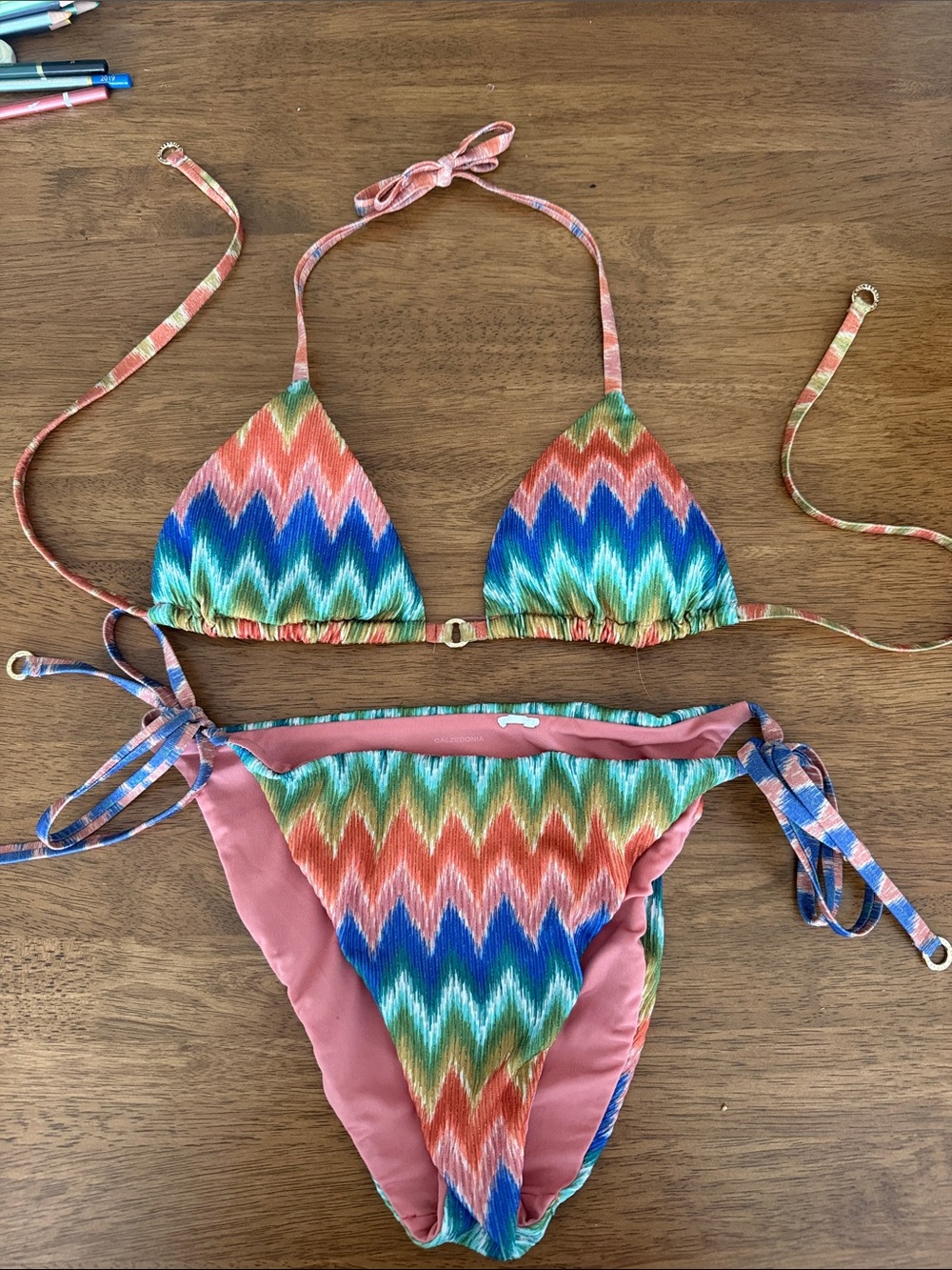 Calzedonia Women’s Multicolor Chevron Tie-Side Bikini - Coral & Blue